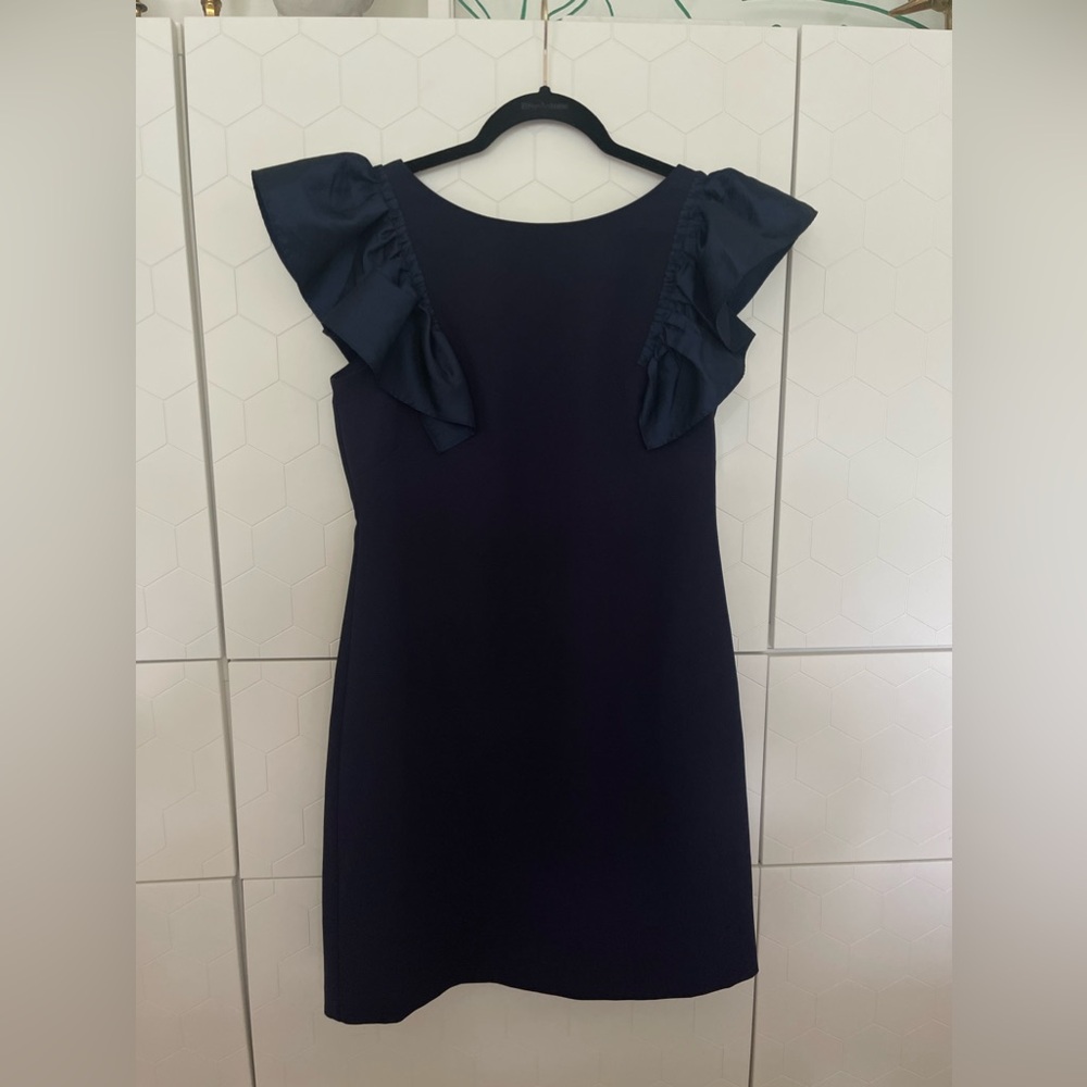 Eliza J Navy Shift Dress with Ruffles